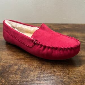 Floopi Lily Moccasin Slippers 8 Womens Red Microsuede Faux Fur House Shoes New